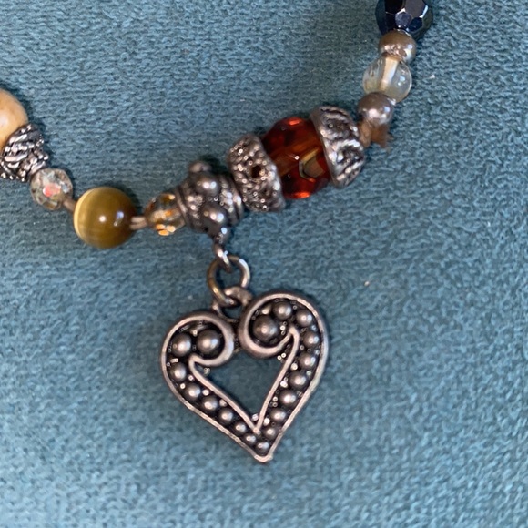 Amber Crystal Silver Wood Beads Bracelet with Heart Charm - Picture 2 of 6